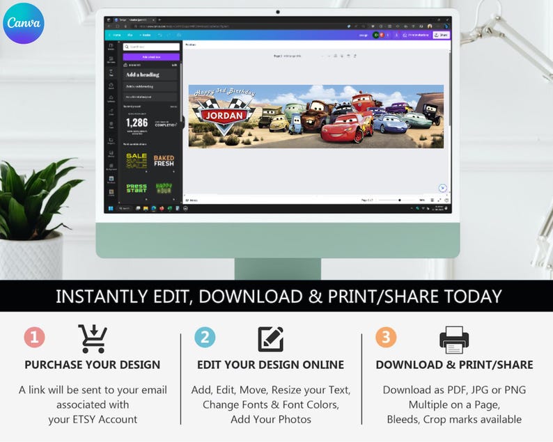 May include: A digital design template displayed on a computer screen featuring a banner with animated race cars, the text Happy 3rd Birthday, and the name Jordan. The interface includes editing tools, and the bottom section outlines instructions.