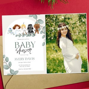 Invitación con foto para baby shower de Star Wars Invitación electrónica para fiesta de Star Wars Invitación para fiesta de baby shower de Star Wars Tarjeta para baby shower de gemelos de Star Wars Jedi