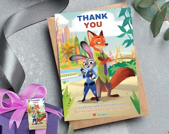 Fiesta de cumpleaños con temática de Zootopia Tarjeta de agradecimiento de cumpleaños de Zootopia Set de regalo de devolución de Zootopia editable Recuerdo de fiesta de Zootopia Fiesta digital de Zootopia