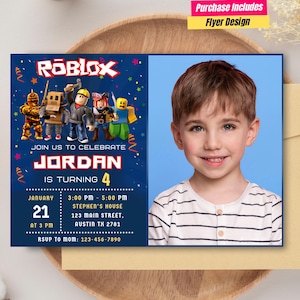 Roblox Party einladen Roblox Geburtstags-Foto-Einladung Roblox Einladung mit Foto Videospiel Roblox Einladung, Kinder Roblox Evite Gamer Karte