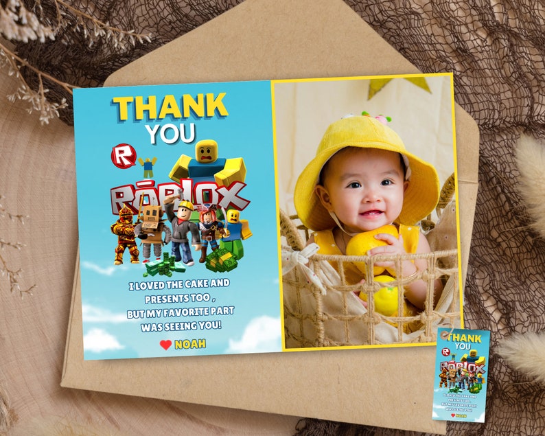 Thank You Rox Editable Roblox Birthday Thank You Card With Photo Video Game Party ...