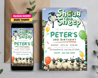 May include: A green and white birthday invitation featuring Shaun the Sheep characters. The invitation says "Let's Celebrate Peter's 3rd Birthday" with details for the event, including the date, time, and location. RSVP information is also included.