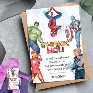 Cartão de agradecimento da festa dos Vingadores Convite de aniversário de super-heróis editável Cartão de agradecimento de super-heróis Etiqueta de agradecimento de super-heróis Festa de super-heróis