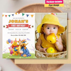 Classic Winnie the Pooh Birthday Invitation with photo Pooh Birthday Invite First Birthday Winnie the Pooh Party Pooh photo Birthday Party