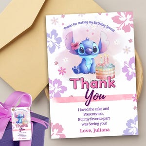 Carte de remerciement Stitch modifiable avec gâteau d'anniversaire Stickers de fête Stitch Merci Téléchargement instantané Carte de remerciement Stitch avec fleurs