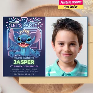 Invitation photo d'anniversaire Lilo et Stitch Invitation à une fête avec photo Invitation d'anniversaire Lilo & Stitch Carte de fête numérique Stitch et angle