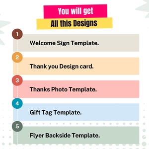 May include: A graphic with a pink, yellow, and white background. The text "You will get All this Designs" is in a pink box. A numbered list shows five different design templates: Welcome Sign Template, Thank you Design card, Thanks Photo Template, Gift Tag Template, and Flyer Backside Template.