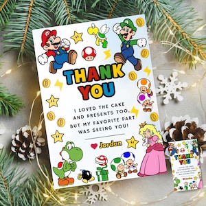 Carte de remerciement Super Mario Super Mario Party Favors Carte d'anniversaire de Mario de gratitude Étiquette Super Mario, thème Mario Bros, carte-cadeau pour jeu d'enfants