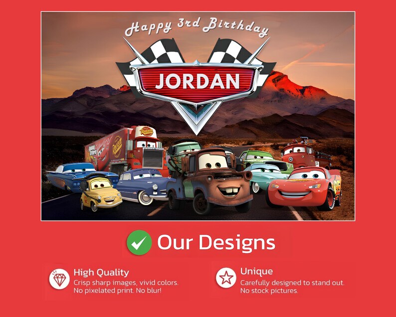 May include: A digital illustration featuring characters from the movie "Cars" with the text "Happy 3rd Birthday JORDAN". The image includes various car designs, a mountain backdrop, and checkered flags.