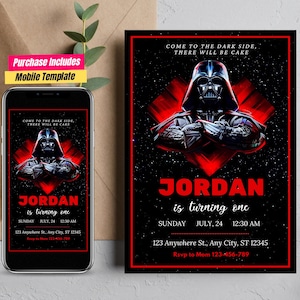 Star invite, wars-uitnodiging, darth vader-verjaardagsfeestje, Star Wars-feestuitnodiging Come to the Dark Side Star Wars-tweeling verjaardagsuitnodiging