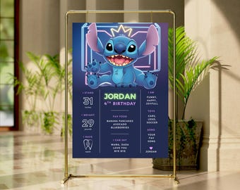 Letrero de neón para hitos de cumpleaños de Lilo y Stitch, tablero de hitos de Stitch, pancarta de hitos de fiesta de Stitch, plantilla de hitos de cumpleaños de Stitch, letrero de neón