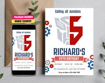 Puede incluir: Un diseño de invitación de cumpleaños con el texto "Calling all Autobots" y "Richard's Fifth Birthday". El diseño incluye un número 5 rojo y gris, engranajes y una plantilla móvil. La invitación está sobre un fondo blanco.