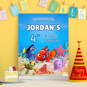 Placa de boas-vindas de aniversário Procurando Nemo, cartão de boas-vindas Procurando Nemo banner de festa de aniversário Procurando Nemo e Dory placa de boas-vindas de aniversário