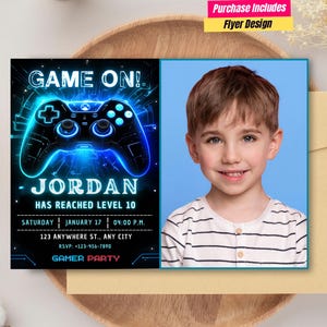 Fête d'anniversaire de jeu vidéo avec photo Invitation de photo d'anniversaire de niveau supérieur Invitation photo de fête d'arcade Invitation photo néon phosphorescent Carte de joueur vidéo