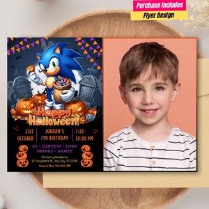 Faire-part d'Halloween Sonic l'hérisson avec photo Carte d'anniversaire avec photo Sonic Halloween Anniversaire sur le thème de Sonic, invitation Sonic Gamer