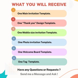 Puede incluir: Una infograf&iacute;a colorida con el texto "WHAT YOU WILL RECEIVE" y una lista de seis art&iacute;culos que recibir&aacute;s. Los art&iacute;culos est&aacute;n numerados del 1 al 6 e incluyen: Una plantilla de invitaci&oacute;n principal, Una plantilla de dise&ntilde;o "Gracias", Una plantilla de invitaci&oacute;n de tama&ntilde;o m&oacute;vil, Una plantilla de invitaci&oacute;n con foto, Una plantilla de tablero de bienvenida y Una plantilla de etiqueta. El texto "Have any Questions or Requests? Send me a Message and Ask!" est&aacute; en la parte inferior de la infograf&iacute;a.
