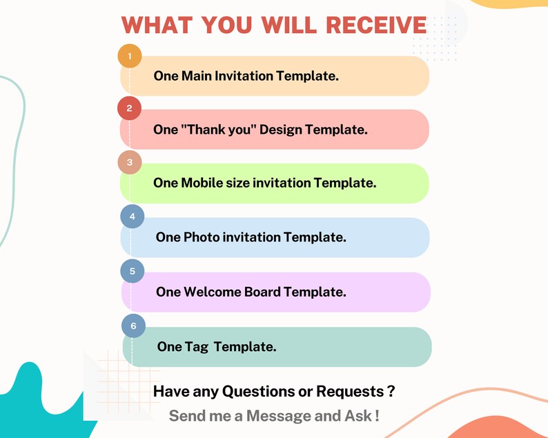 Puede incluir: Una infograf&iacute;a colorida con el texto "WHAT YOU WILL RECEIVE" y una lista de seis art&iacute;culos que recibir&aacute;s. Los art&iacute;culos est&aacute;n numerados del 1 al 6 e incluyen: Una plantilla de invitaci&oacute;n principal, Una plantilla de dise&ntilde;o "Gracias", Una plantilla de invitaci&oacute;n de tama&ntilde;o m&oacute;vil, Una plantilla de invitaci&oacute;n con foto, Una plantilla de tablero de bienvenida y Una plantilla de etiqueta. El texto "Have any Questions or Requests? Send me a Message and Ask!" est&aacute; en la parte inferior de la infograf&iacute;a.