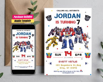 Puede incluir: Una invitación de cumpleaños con temática de Autobots. La invitación dice "Calling All Autobots, Jordan is Turning 7" e incluye la fecha, la hora y los detalles del lugar del evento. También se incluye una plantilla móvil.