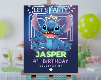 Placa de boas-vindas do Stitch ao mundo Modelo editável Pôster de boas-vindas de aniversário do Stitch Lilo & Stitch Placa de boas-vindas digital do Stitch para festa