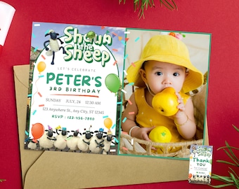 May include: A birthday invitation featuring the cartoon character Shaun the Sheep. The invitation includes the text "Peter's 3rd Birthday" and a photo of a baby wearing a yellow hat and dress. The invitation is on a red background.