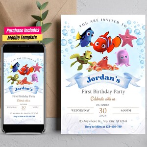 Invitación de cumpleaños de Nemo para imprimir, invitación de Dory, fiesta bajo el mar, invitación de Buscando a Nemo, tarjeta con temática de peces, invitación a fiesta de Nemo, tarjeta con peces