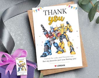Etiqueta de cumpleaños de Transformers imprimible Plantilla de agradecimiento de Transformers Bumblebee Tarjeta de regalo de agradecimiento de Optimus Prime de Transformers impresa por venir
