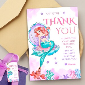 Mermaid Birthday Thank You Card Printable Ariel Inspired Party Favor Tag Under the Sea Girl Party Stationery Mermaid Party Decor for Girls