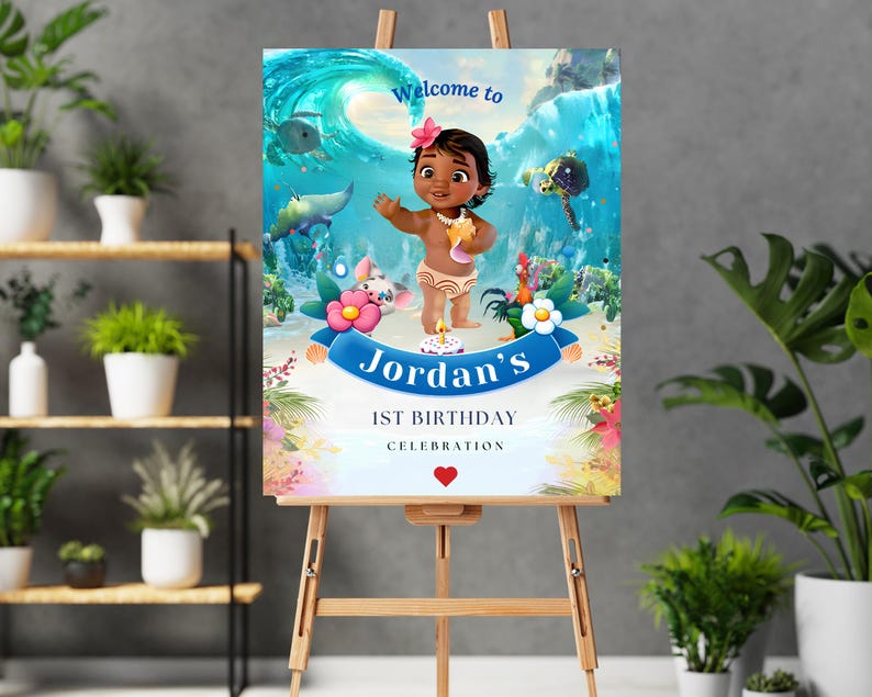 May include: A welcome sign for a 1st birthday party featuring a cartoon character from the movie Moana. The sign is blue and white with a tropical theme and says "Welcome to Jordan's 1st Birthday Celebration".