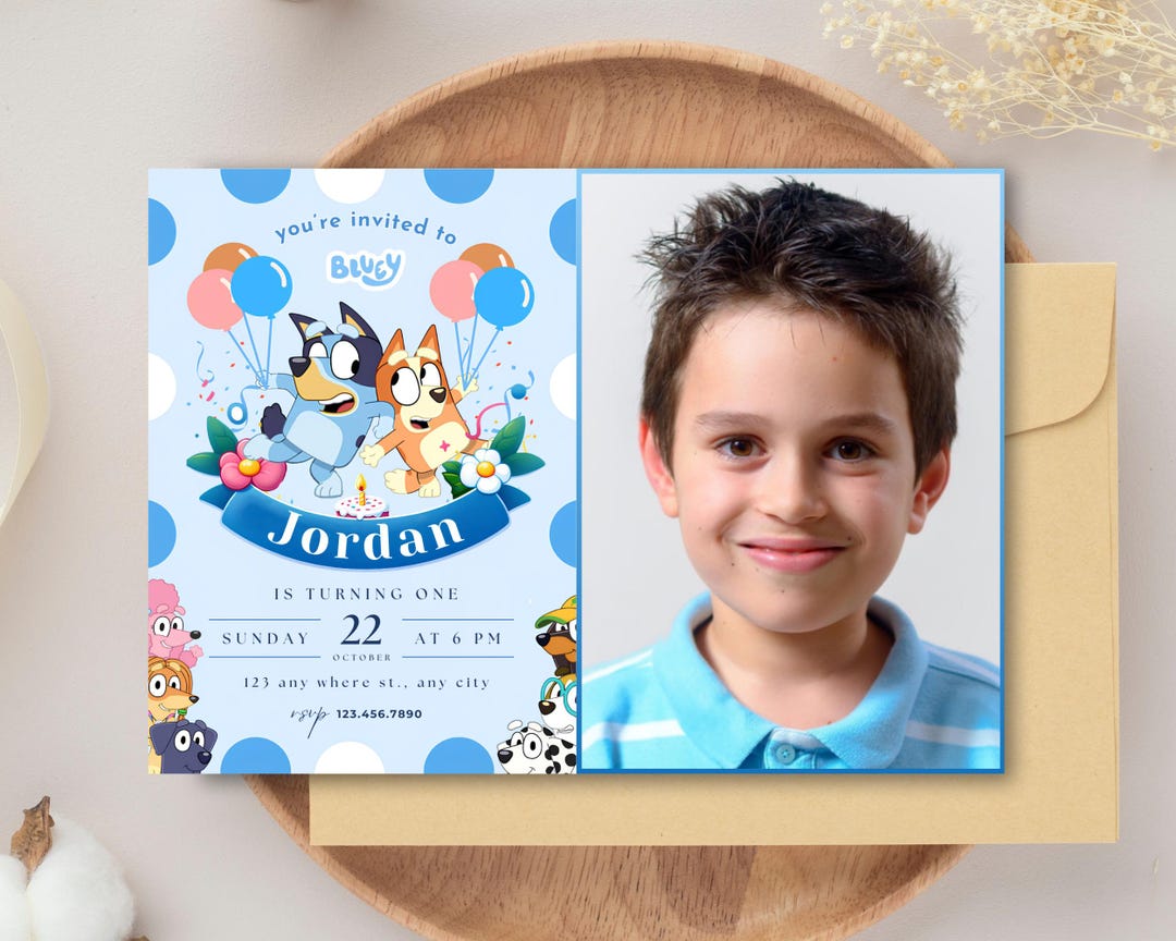 Blue Dog Birthday Invitation With Photo Blue Puppy Party Invite ...