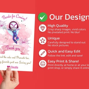 Puede incluir: Una tarjeta de agradecimiento rosa y morada con un personaje de dibujos animados de una ni&ntilde;a ara&ntilde;a. La tarjeta dice "&iexcl;Gracias por venir!" y "Gracias". El texto tambi&eacute;n dice "Me encant&oacute; el pastel y los regalos tambi&eacute;n, pero mi parte favorita fue verte!" y "Claudia".