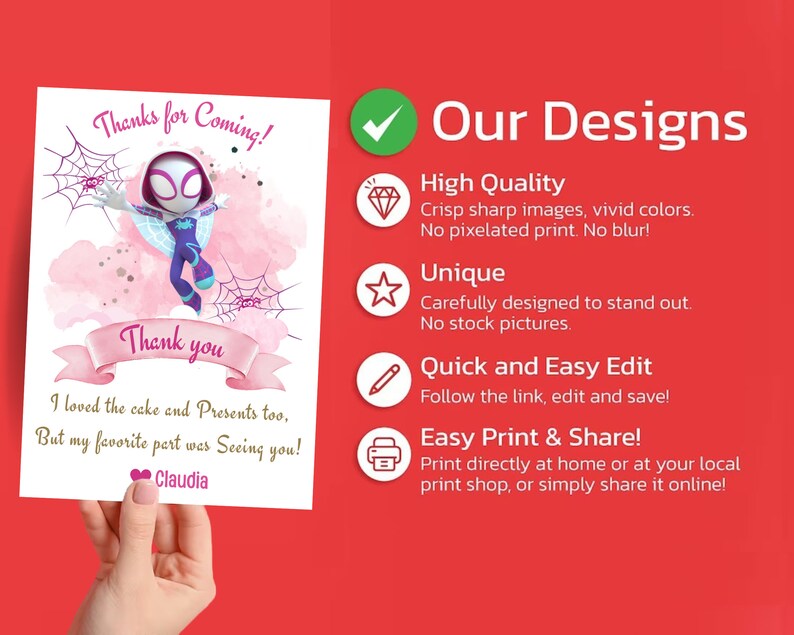 Puede incluir: Una tarjeta de agradecimiento rosa y morada con un personaje de dibujos animados de una ni&ntilde;a ara&ntilde;a. La tarjeta dice "&iexcl;Gracias por venir!" y "Gracias". El texto tambi&eacute;n dice "Me encant&oacute; el pastel y los regalos tambi&eacute;n, pero mi parte favorita fue verte!" y "Claudia".