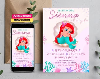 Invitación de cumpleaños editable de La Sirenita Plantilla de invitación de cumpleaños de Ariel Invitación de la princesa Ariel Invitación de La Sirenita Ariel
