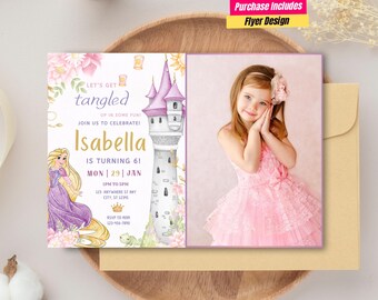 May include: A custom birthday invitation featuring a young girl in a pink dress, a watercolor illustration of a princess, and a castle tower. The invitation includes the text "Let's Get Tangled" and event details.