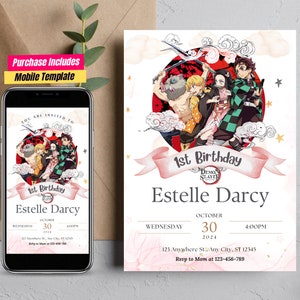 Anime Demon Slayer Birthday Invitation Customizable Anime Party Invite Demon Slayer Party Invite Manga Inspired Invitation for Birthday card