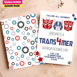 Op de afbeelding: Twee uitnodigingskaarten met een Transformers-thema. Eén kaart heeft een witte achtergrond met rode, blauwe, grijze en zwarte tandwielen. De andere kaart heeft de tekst "CALLING ALL AUTOBOTS" en "JORDAN IS A TRANS4MER" met evenementdetails.