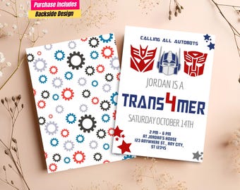 Puede incluir: Dos tarjetas de invitación con temática de Transformers. Una tarjeta presenta un fondo blanco con engranajes rojos, azules, grises y negros. La otra tarjeta tiene el texto "CALLING ALL AUTOBOTS" y "JORDAN IS A TRANS4MER" con detalles del evento.