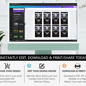 May include: A computer screen displaying a Canva design template for a Roblox thank you card. The template features a black background with a white border and the text "Roblox Thank You" in a bold, white font. The template also includes a graphic of a Roblox character. The text "INSTANTLY EDIT, DOWNLOAD & PRINT/SHARE TODAY" is displayed below the screen.
