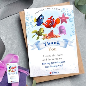 Encontrar Nemo tarjeta de agradecimiento, fiesta de tortugas marinas, encontrar Nemo nota de agradecimiento encontrar Dory Pool Party Favor encontrar Nemo gracias nota Nemo regalo