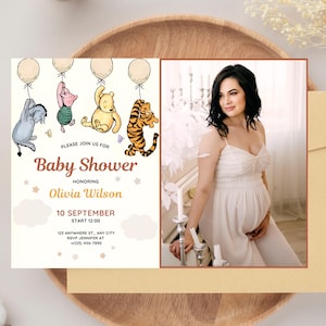 Invitación editable para baby shower de Winnie The Pooh con foto Invitación clásica con foto para baby shower de Winnie Pooh Invitación vintage para baby shower de Winnie Pooh