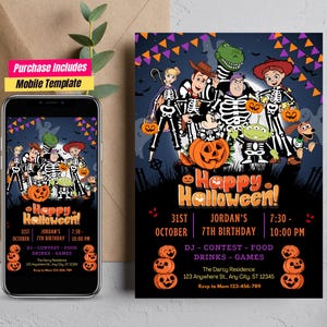 Modèle d'invitation d'anniversaire Halloween Toy Story, faire-part Toy Story des bonbons ou un sort, carte d'anniversaire Toy Story effrayant Halloween Toy Story