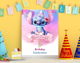 Lilo & Stitch sinal de boas-vindas ao mundo Modelo editável Stitch banner de aniversário de boas-vindas Download digital Stitch festa de boas-vindas Stitch banner