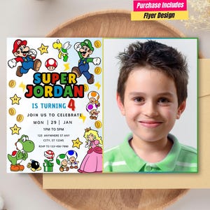 Faire-part d'anniversaire avec photo de Super Mario Bros Carte d'invitation avec photo de Super Mario Carte d'anniversaire de Mario Fête d'anniversaire de Super Mario Garçon sur le thème de Mario