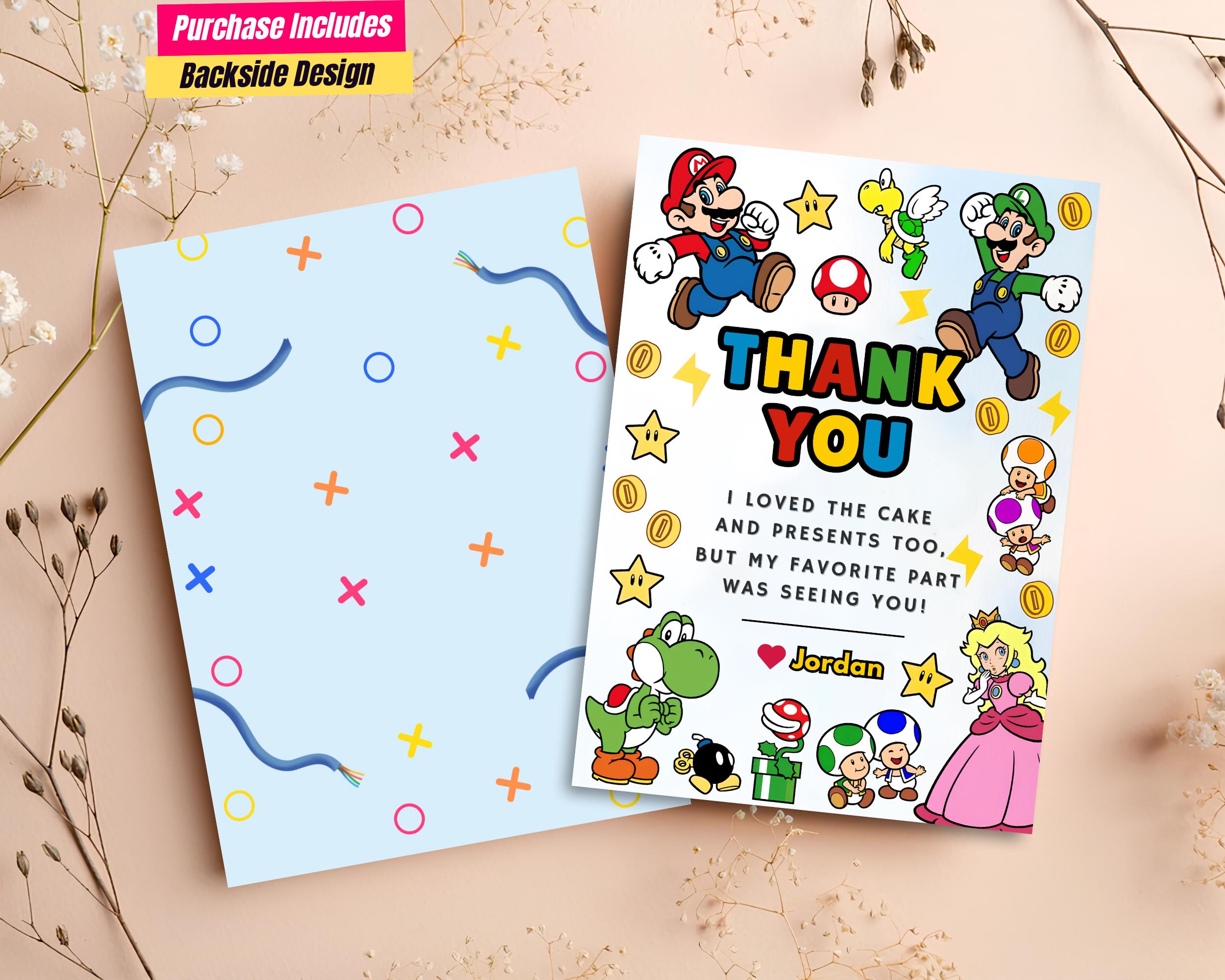 Super Mario Thank You Card Super Mario Party Favors Mario Birthday Gratitude card Super Mario label mario bros theme Gift card for kids game