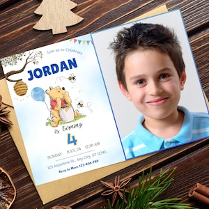 Classic Winnie the Pooh Birthday Invitation with photo Pooh Birthday Invite First Birthday Winnie the Pooh Party Pooh photo Birthday Party