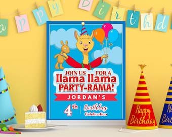 Puede incluir: Una colorida invitación de fiesta de cumpleaños con un dibujo de una llama sosteniendo globos. La invitación dice "¡Únete a nosotros para una Llama Llama Party-Rama!" e incluye el texto "4º Cumpleaños de Jordan".