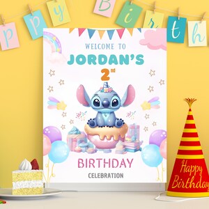 Gepersonaliseerde Stitch Welcome to the World-bord Bewerkbare sjabloon Stitch Welcome-verjaardagsposter Digitale download Stitch Welcome Party-bord