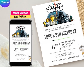 Puede incluir: Una invitación de cumpleaños con temática de Star Wars con fondo blanco y diseño de personaje Lego. La invitación dice "Únete a nosotros en una galaxia muy, muy lejana para celebrar el 5º cumpleaños de Luke" e incluye la fecha y la hora de la fiesta.