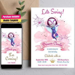 Puede incluir: Una invitaci&oacute;n de cumplea&ntilde;os rosa y morada con una imagen de dibujos animados de Spider-Gwen. La invitaci&oacute;n dice "Let's Swing!" y "Princess Claudia est&aacute; celebrando su tercer cumplea&ntilde;os. Celebra con nosotros el 18 de septiembre de 18:30 a 20:30 123 Anywhere Street, Any city. Por favor, confirma tu asistencia a Avery Davis. Llama o env&iacute;a un mensaje de texto: +123-456-7890"