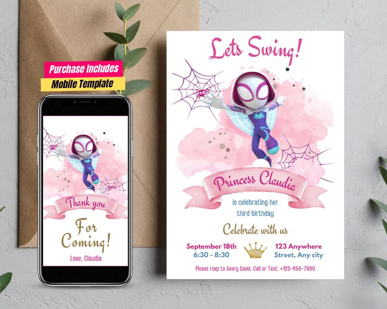 Puede incluir: Una invitaci&oacute;n de cumplea&ntilde;os rosa y morada con una imagen de dibujos animados de Spider-Gwen. La invitaci&oacute;n dice "Let's Swing!" y "Princess Claudia est&aacute; celebrando su tercer cumplea&ntilde;os. Celebra con nosotros el 18 de septiembre de 18:30 a 20:30 123 Anywhere Street, Any city. Por favor, confirma tu asistencia a Avery Davis. Llama o env&iacute;a un mensaje de texto: +123-456-7890"