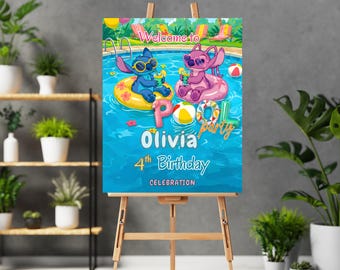 Stitch Welcome to Pool Birthday Party Lilo & Stitch Birthday Welcome Sign Tropical Stitch and Angel Welcome Board Pool Splash Stitch Sign